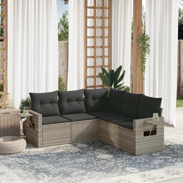vidaXL 5-tlg. Garten-Sofagarnitur mit Kissen Hellgrau Poly Rattan