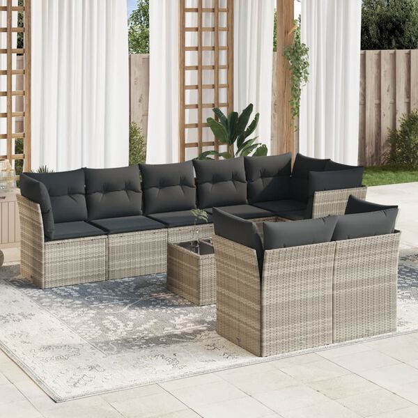 vidaXL 9-tlg. Garten-Sofagarnitur mit Kissen Hellgrau Poly Rattan