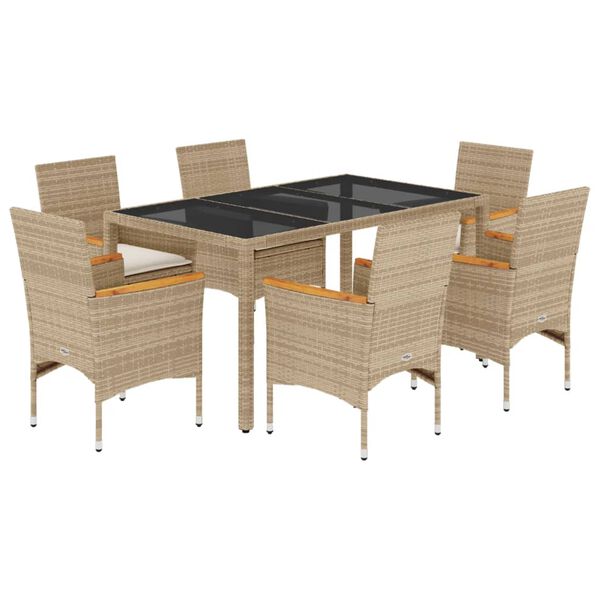 vidaXL 7-tlg. Garten-Essgruppe mit Kissen Beige Poly Rattan und Glas
