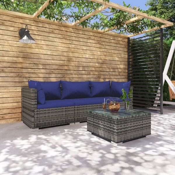 vidaXL 4-tlg. Garten-Lounge-Set mit Kissen Poly Rattan Grau