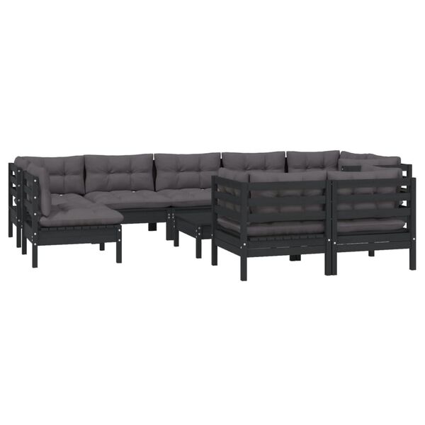 vidaXL 10-tlg. Garten-Lounge-Set mit Kissen Schwarz Massivholz Kiefer