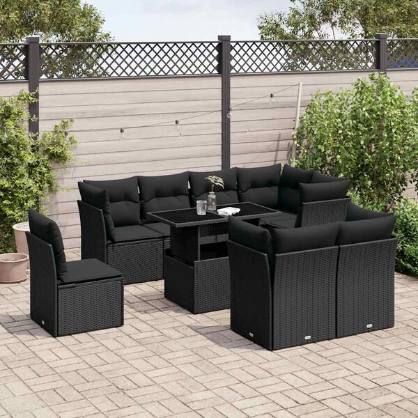vidaXL 9-tlg. Garten-Sofagarnitur mit Kissen Schwarz Poly Rattan