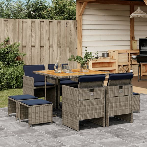 vidaXL 9-teiliges Garten-Ess-Set mit Kissen, grau, Polyrattan
