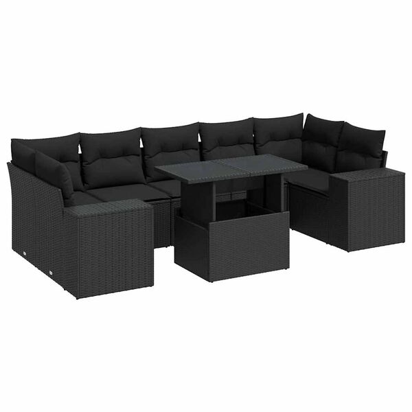 vidaXL 8-tlg. Garten-Sofagarnitur mit Kissen Schwarz Poly Rattan