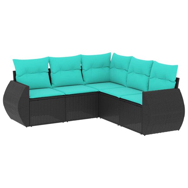 vidaXL 5-teiliges Gartensofa-Set mit Kissen, schwarzes Polyrattan