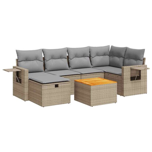 vidaXL 7-tlg. Garten-Sofagarnitur mit Kissen Beige Poly Rattan