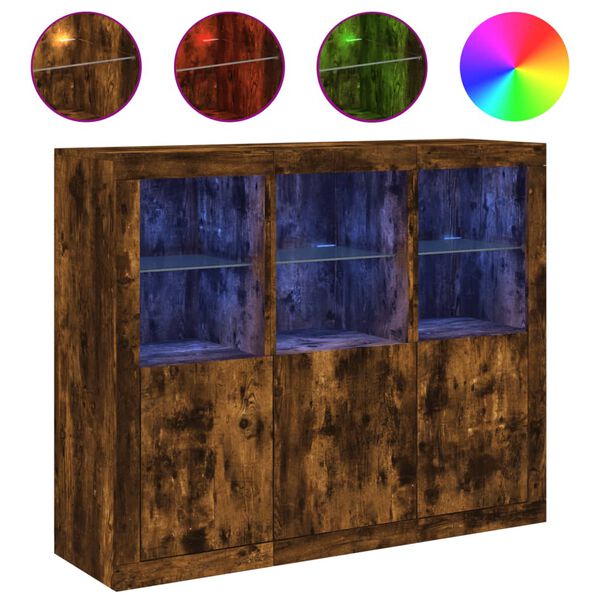vidaXL Sideboards mit LED-Leuchten 3 Stk. Räuchereiche Holzwerkstoff