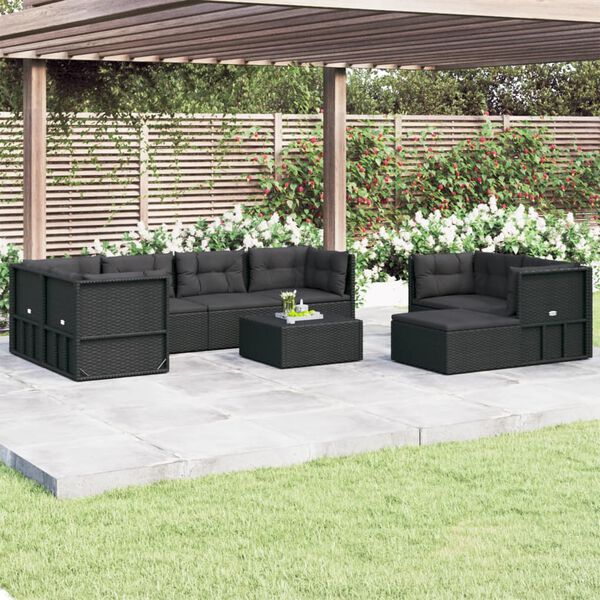 vidaXL 8-tlg. Garten-Lounge-Set mit Kissen Schwarz Poly Rattan