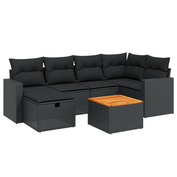 vidaXL 7-tlg. Garten-Sofagarnitur mit Kissen Schwarz Poly Rattan