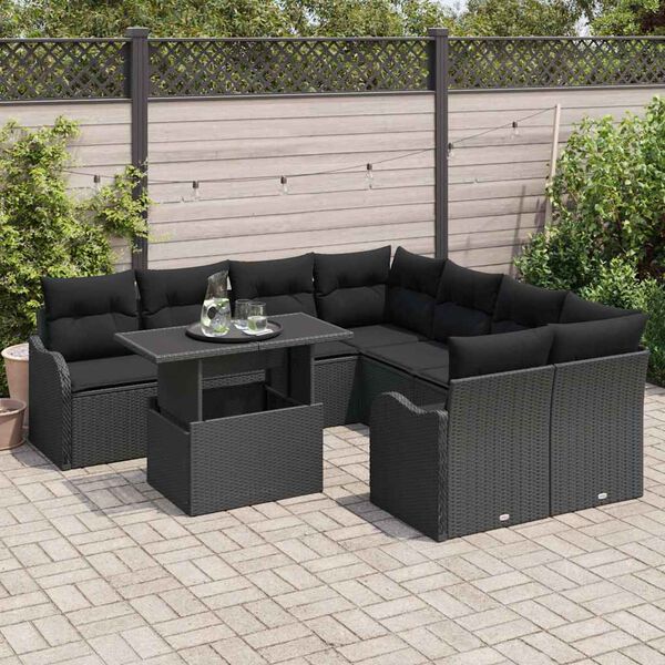 vidaXL Gartensofa-set mit Kissen 9 pcs Schwarz Poly-Rattan