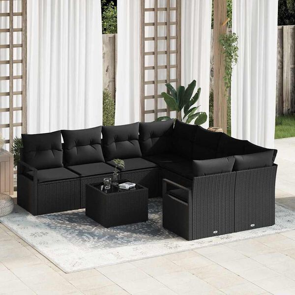 vidaXL Sofa Set mit Kissen 9 pcs Schwarz Poly-Rattan