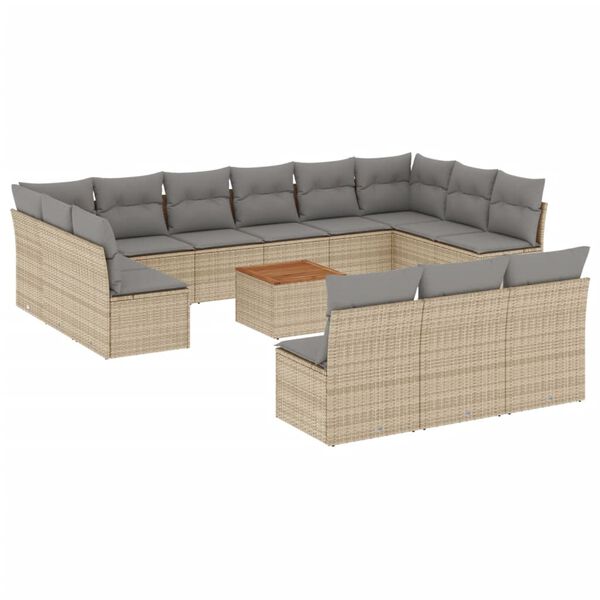 vidaXL 14-tlg. Garten-Sofagarnitur mit Kissen Beige Poly Rattan
