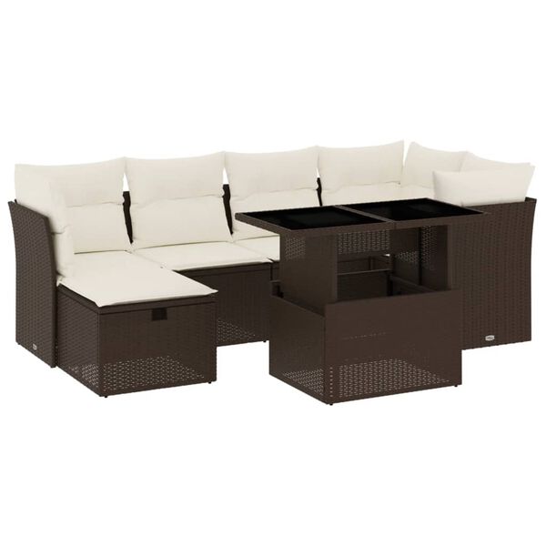vidaXL 7-tlg. Garten-Sofagarnitur mit Kissen Braun Poly Rattan