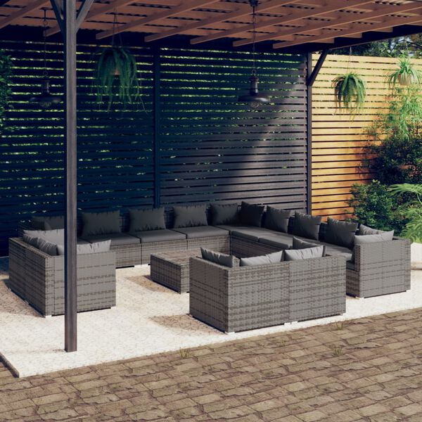 vidaXL 14-tlg. Garten-Lounge-Set mit Kissen Grau Poly Rattan