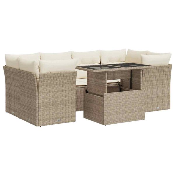vidaXL 7-tlg. Garten-Sofagarnitur mit Kissen Beige Poly Rattan