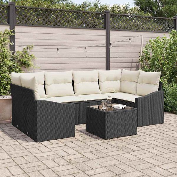 vidaXL Sofa Set mit Kissen 7 pcs Schwarz und Creme Poly Rattan