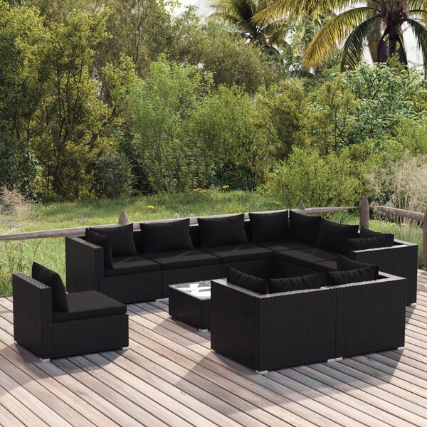 vidaXL 10-tlg. Garten-Lounge-Set mit Kissen Poly Rattan Schwarz