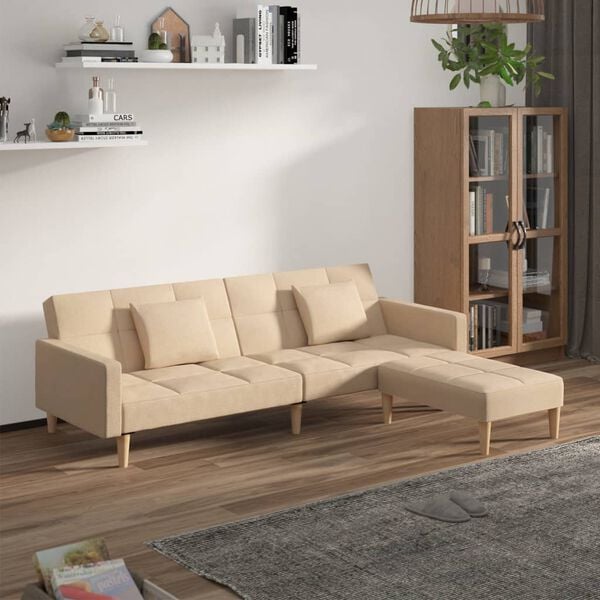vidaXL Schlafsofa 2-Sitzer mit 2 Kissen & Hocker Creme Stoff