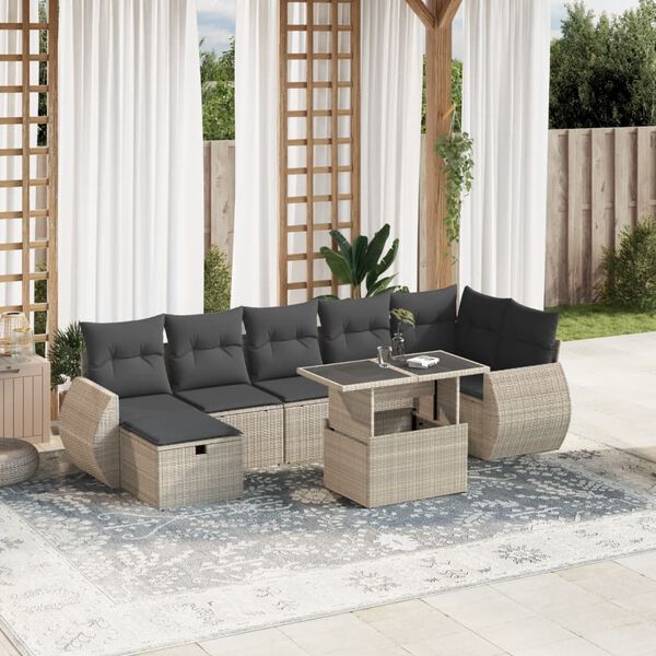 vidaXL 8-tlg. Garten-Sofagarnitur mit Kissen Hellgrau Poly Rattan