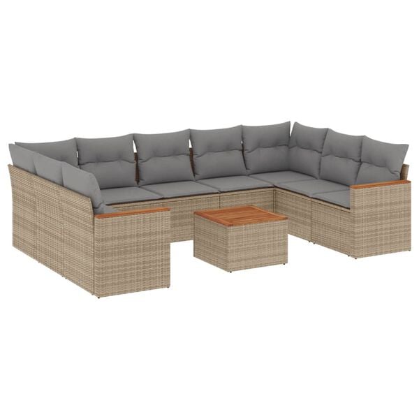 vidaXL 10-tlg. Garten-Sofagarnitur mit Kissen Beige Poly Rattan