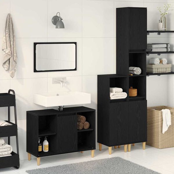 vidaXL Badezimmerm&ouml;bel-Set mit Speicher 3 pcs Schwarz Holzwerkstoff