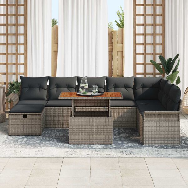 vidaXL Gartensofa-set mit Kissen mit Speicher 9 pcs Grau Poly-Rattan