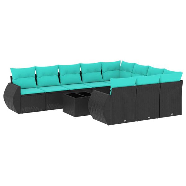 vidaXL 11-teiliges Gartensofa-Set mit Kissen, schwarzes Polyrattan