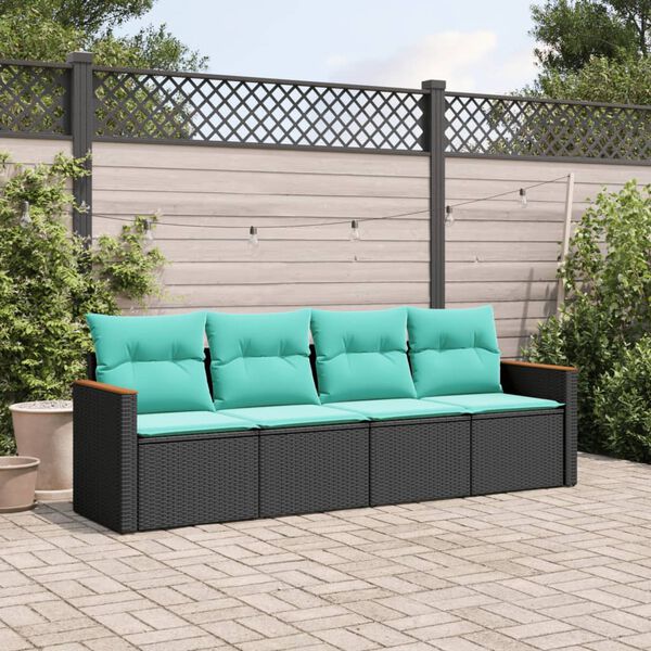 vidaXL 4-teiliges Gartensofa-Set mit Kissen, schwarzes Polyrattan