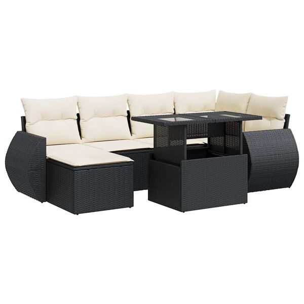 vidaXL 7-tlg. Garten-Sofagarnitur mit Kissen Schwarz Poly Rattan