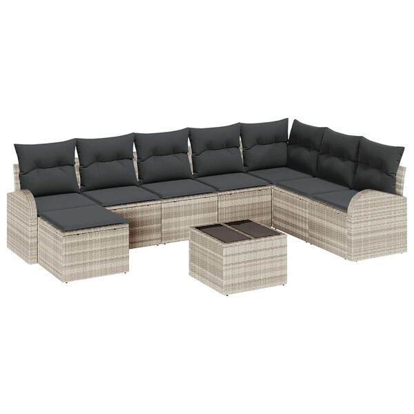 vidaXL Garten-Sofa-Set mit Kissen 9 pcs Hellgrau Poly Rattan
