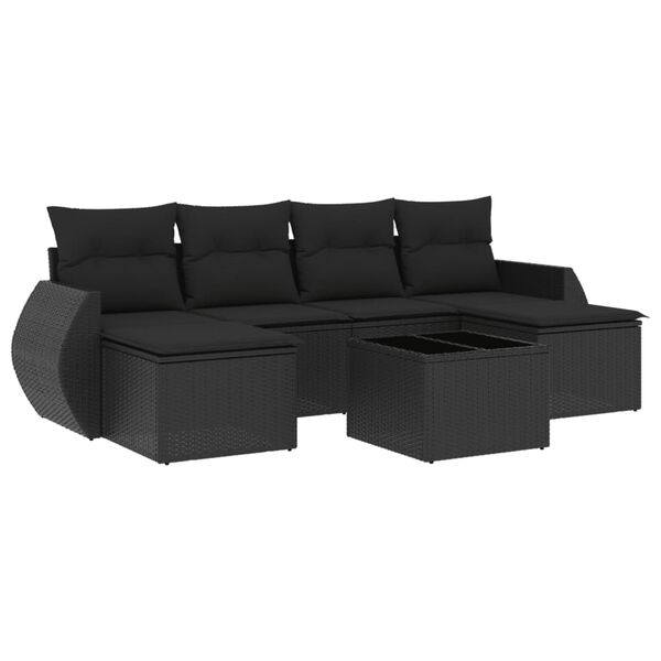 vidaXL 7-tlg. Garten-Sofagarnitur mit Kissen Schwarz Poly Rattan