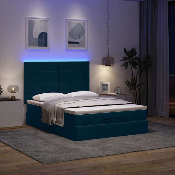 vidaXL Ottoman-Bett mit Matratzen & LEDs Dunkelblau 140x190 cm Samt