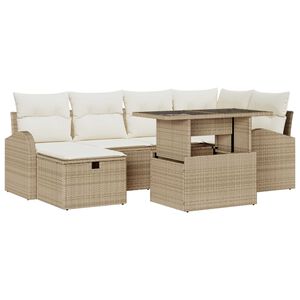 vidaXL Garten-Sofa-Set mit Kissen mit Speicher 7 pcs Beige Poly Rattan