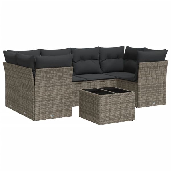 vidaXL 7-tlg. Garten-Sofagarnitur mit Kissen Grau Poly Rattan