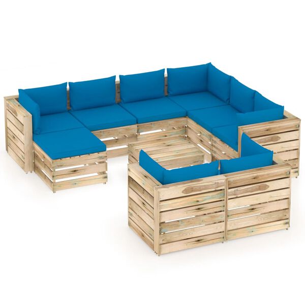 vidaXL 10-tlg. Garten-Lounge-Set mit Kissen Gr&uuml;n Impr&auml;gniertes Holz