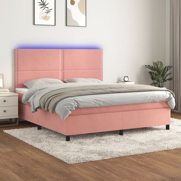 vidaXL Boxspringbett mit Matratze & LED Rosa 180x200 cm Samt