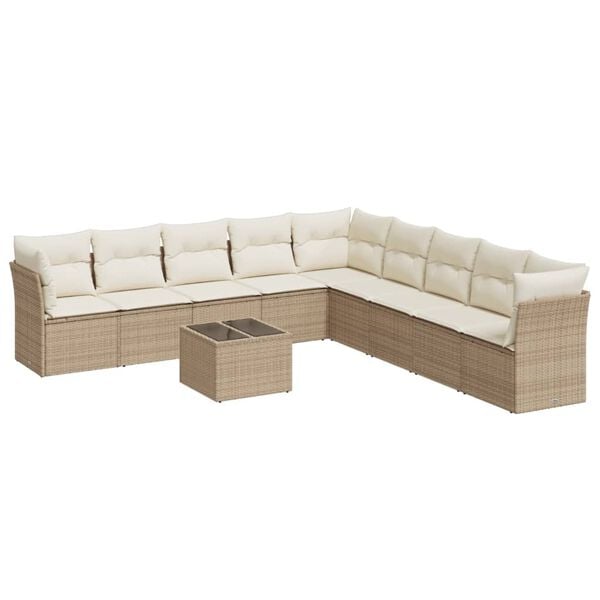 vidaXL 10-tlg. Garten-Sofagarnitur mit Kissen Beige Poly Rattan
