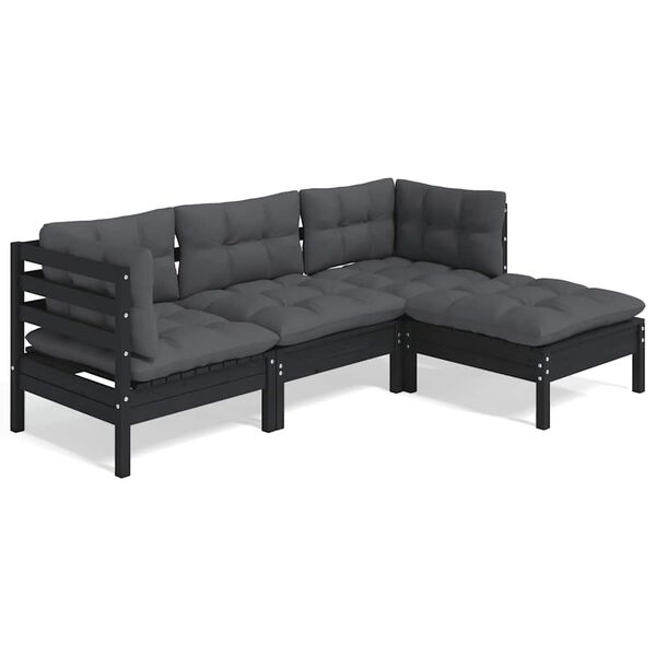 vidaXL 4-tlg. Garten-Lounge-Set mit Kissen Schwarz Kiefernholz