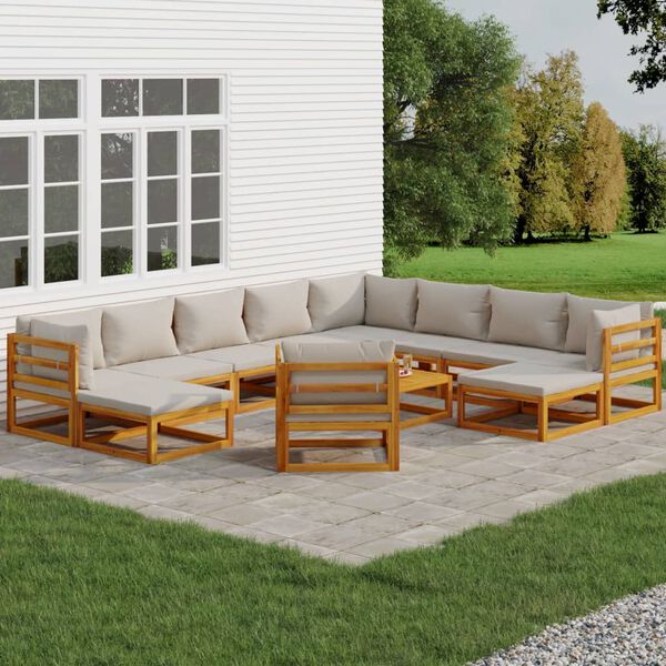 vidaXL 12-tlg. Garten-Lounge-Set mit Hellgrauen Kissen Massivholz