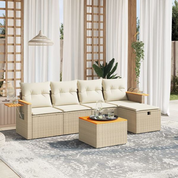 vidaXL 5-tlg. Garten-Sofagarnitur mit Kissen Beige Poly Rattan