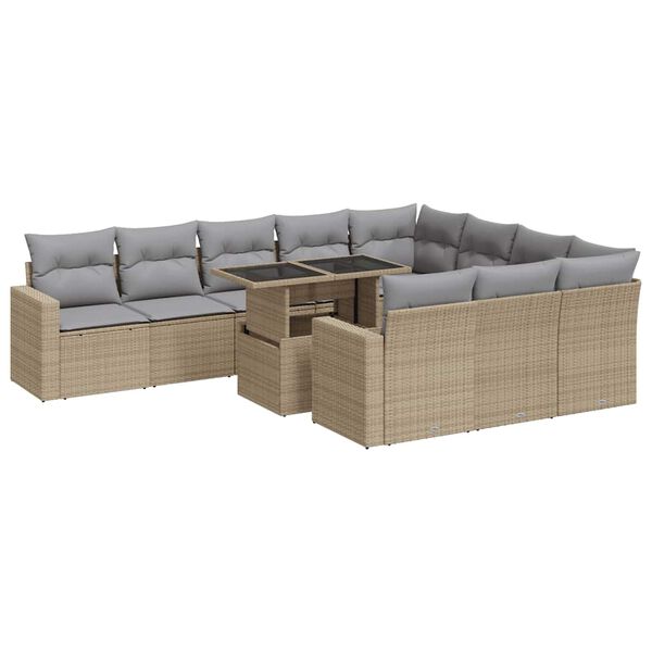 vidaXL 11-tlg. Garten-Sofagarnitur mit Kissen Beige Poly Rattan