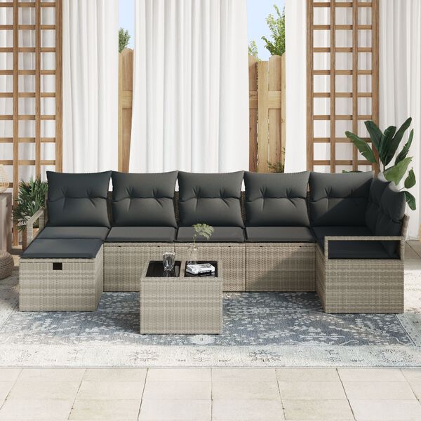 vidaXL Sofa Set mit Kissen mit Speicher 8 pcs Hellgrau Poly-Rattan