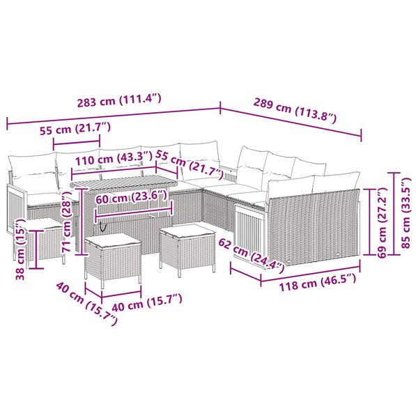 vidaXL Gartensofa-set mit Kissen 18 pcs Schwarz Poly-Rattan