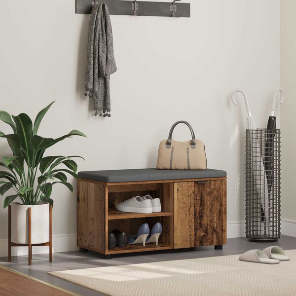 vidaXL Flurbank mit Kissen mit Regal mit T&uuml;r Altholz 80 x 38 x 46 cm