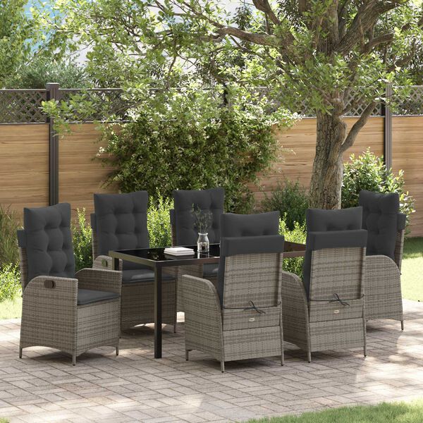 vidaXL Garten Essgruppe mit Kissen 7 pcs Grau Poly-Rattan