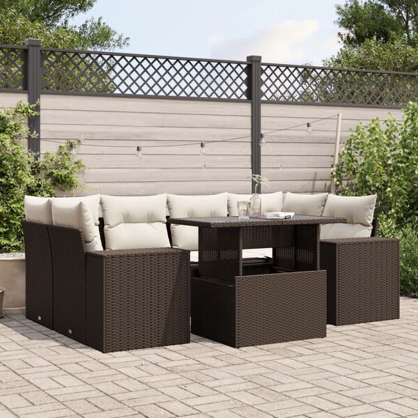 vidaXL 7-tlg. Garten-Sofagarnitur mit Kissen Braun Poly Rattan