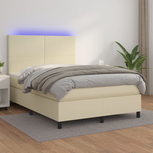 vidaXL Boxspringbett mit Matratze & LED Creme 140x200 cm Kunstleder