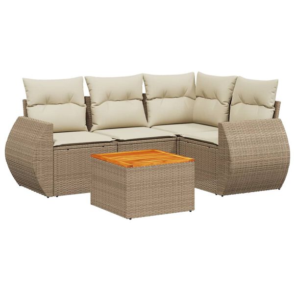 vidaXL 5-tlg. Garten-Sofagarnitur mit Kissen Beige Poly Rattan