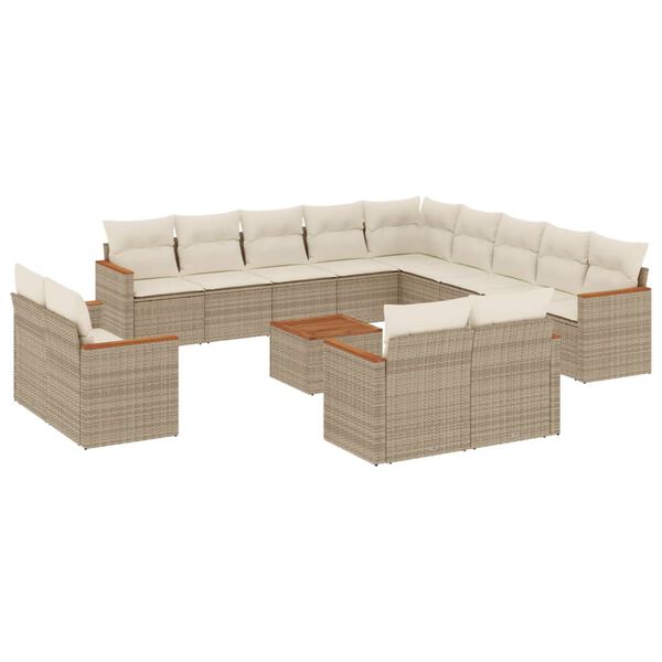 vidaXL 14-tlg. Garten-Sofagarnitur mit Kissen Beige Poly Rattan
