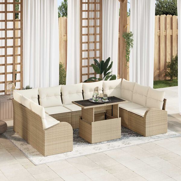 vidaXL Gartensofa-set mit Kissen mit Speicher 10 pcs Beige Poly Rattan